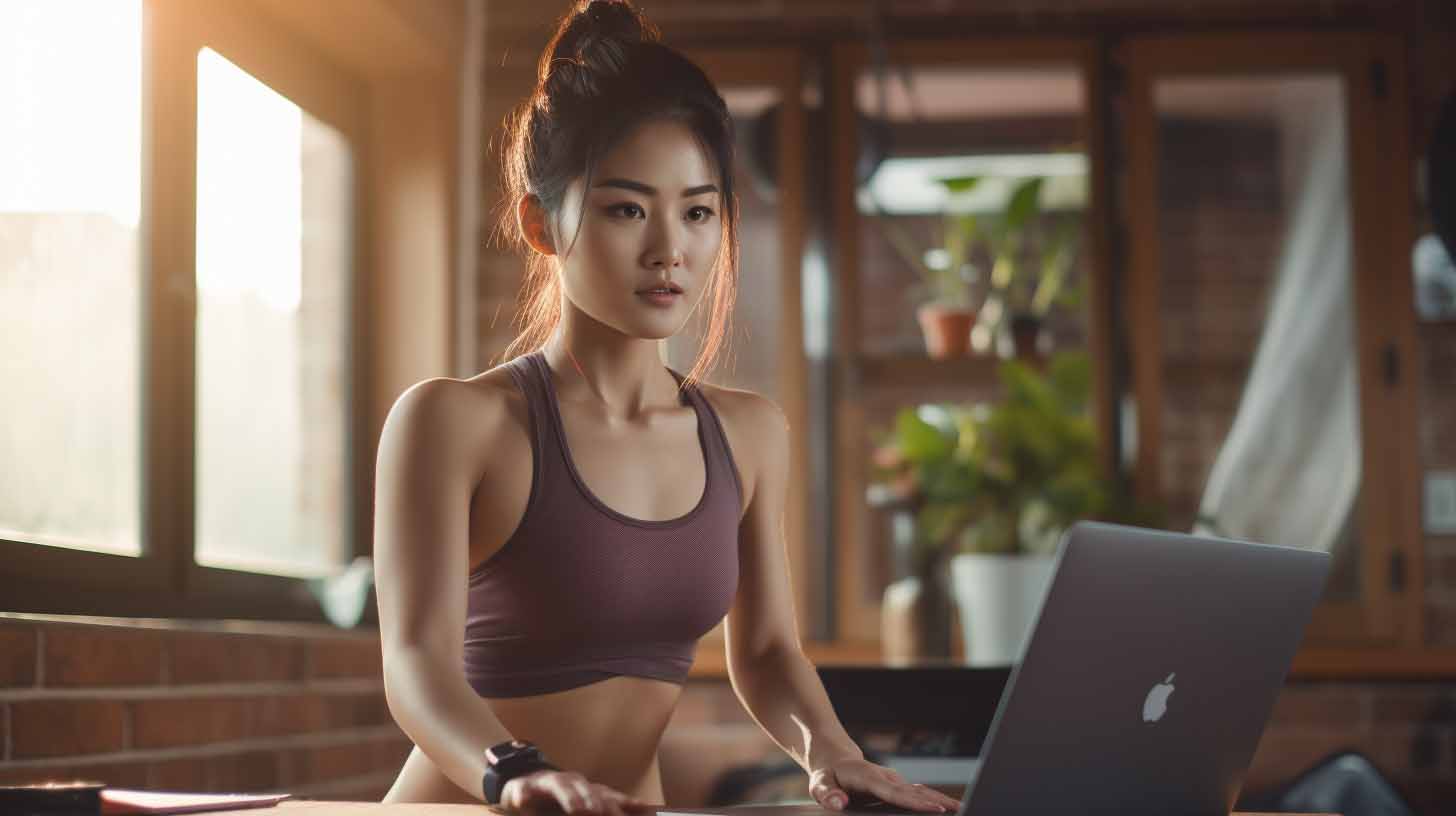 Beautiful Asian girl watching workout videos from her laptop.