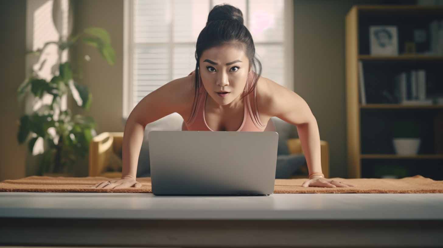 Asian girl watching workout routines from her laptop, as she follows along with push ups