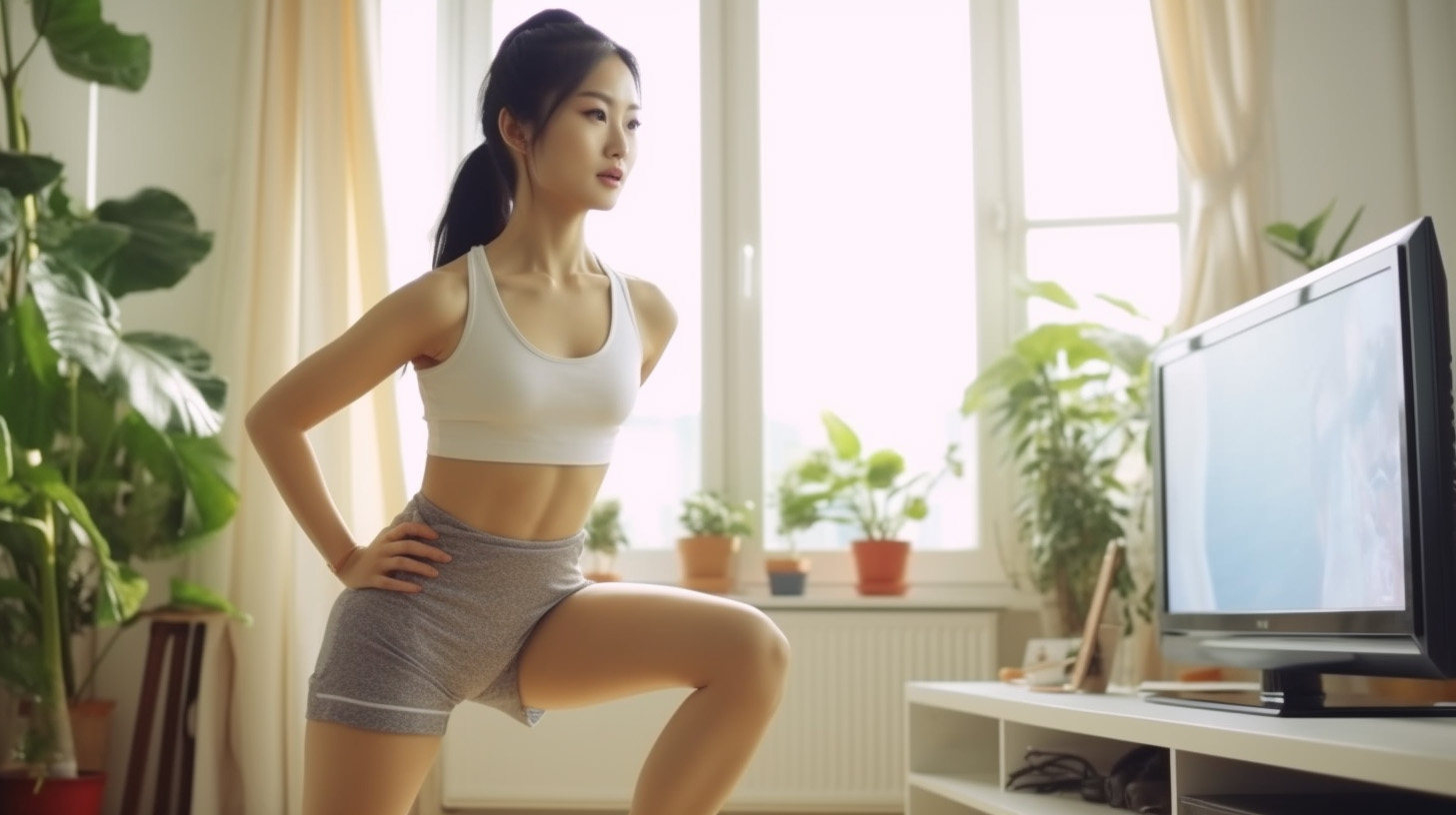 Asian girl watching workout videos from her television, and following along with hip exercises.