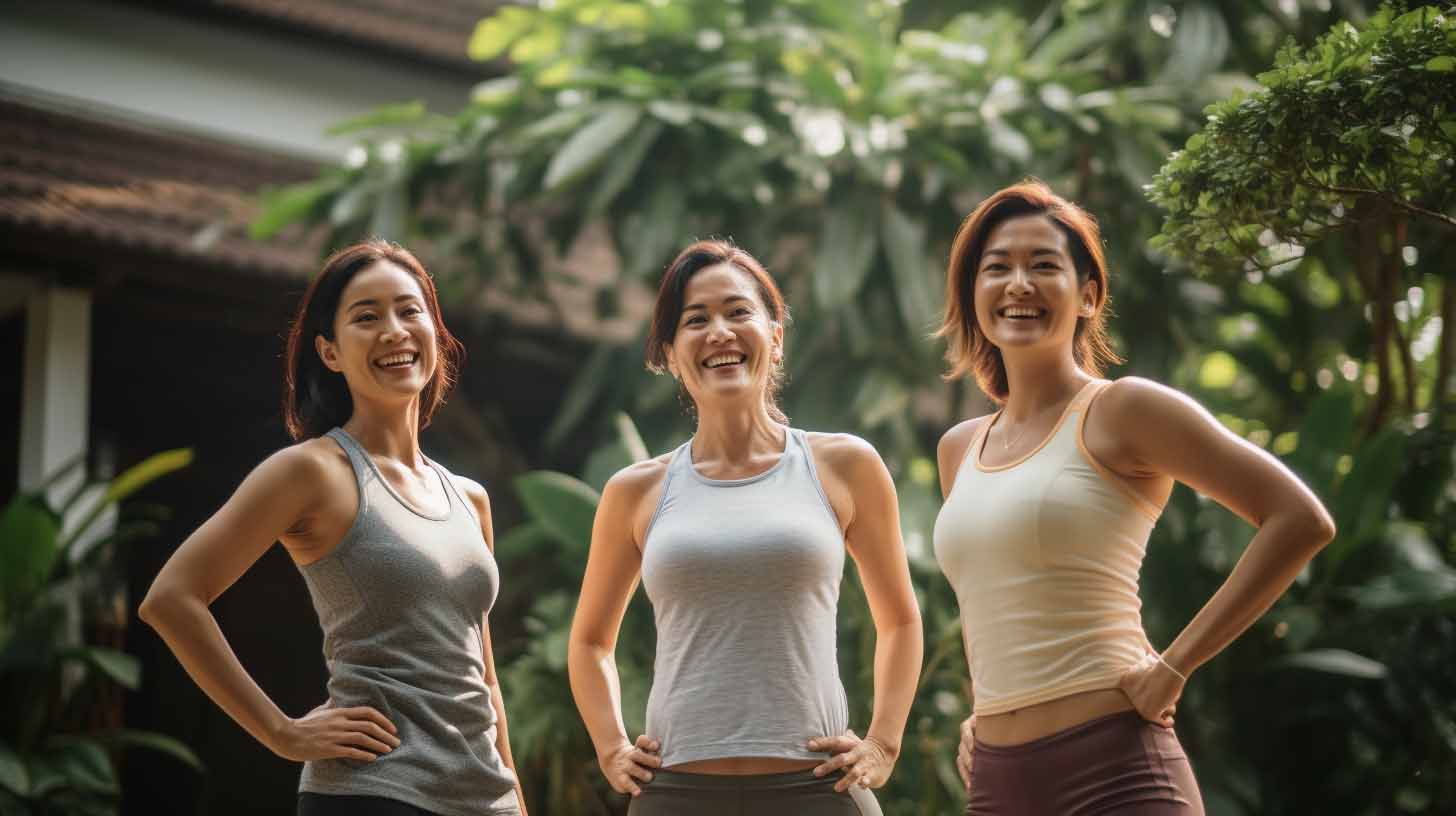 Three Asian women, all smiling with hands akimbo, after a fulfilling outdoor workout.