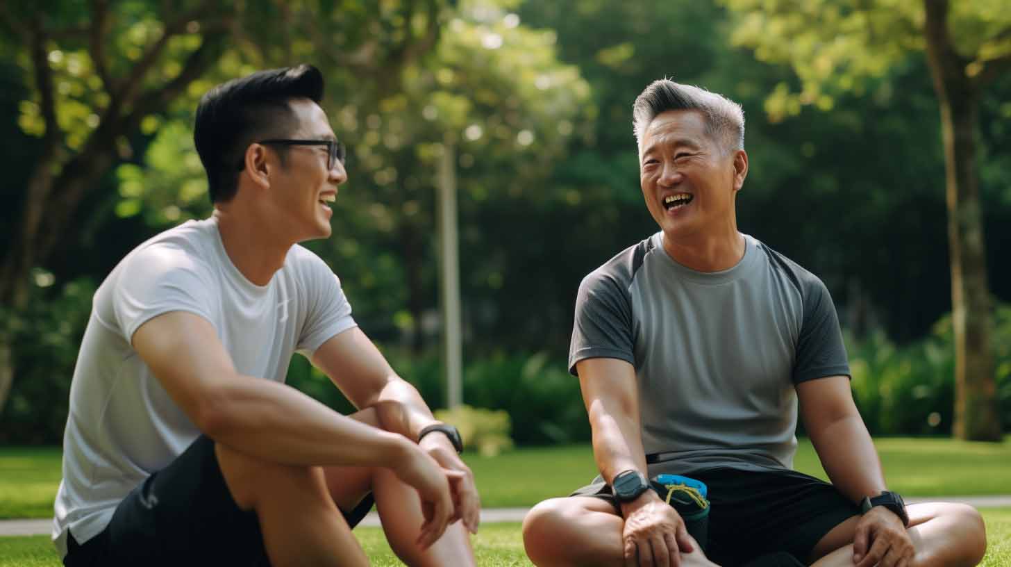 Two Asian men laughing, as they sit on the park.