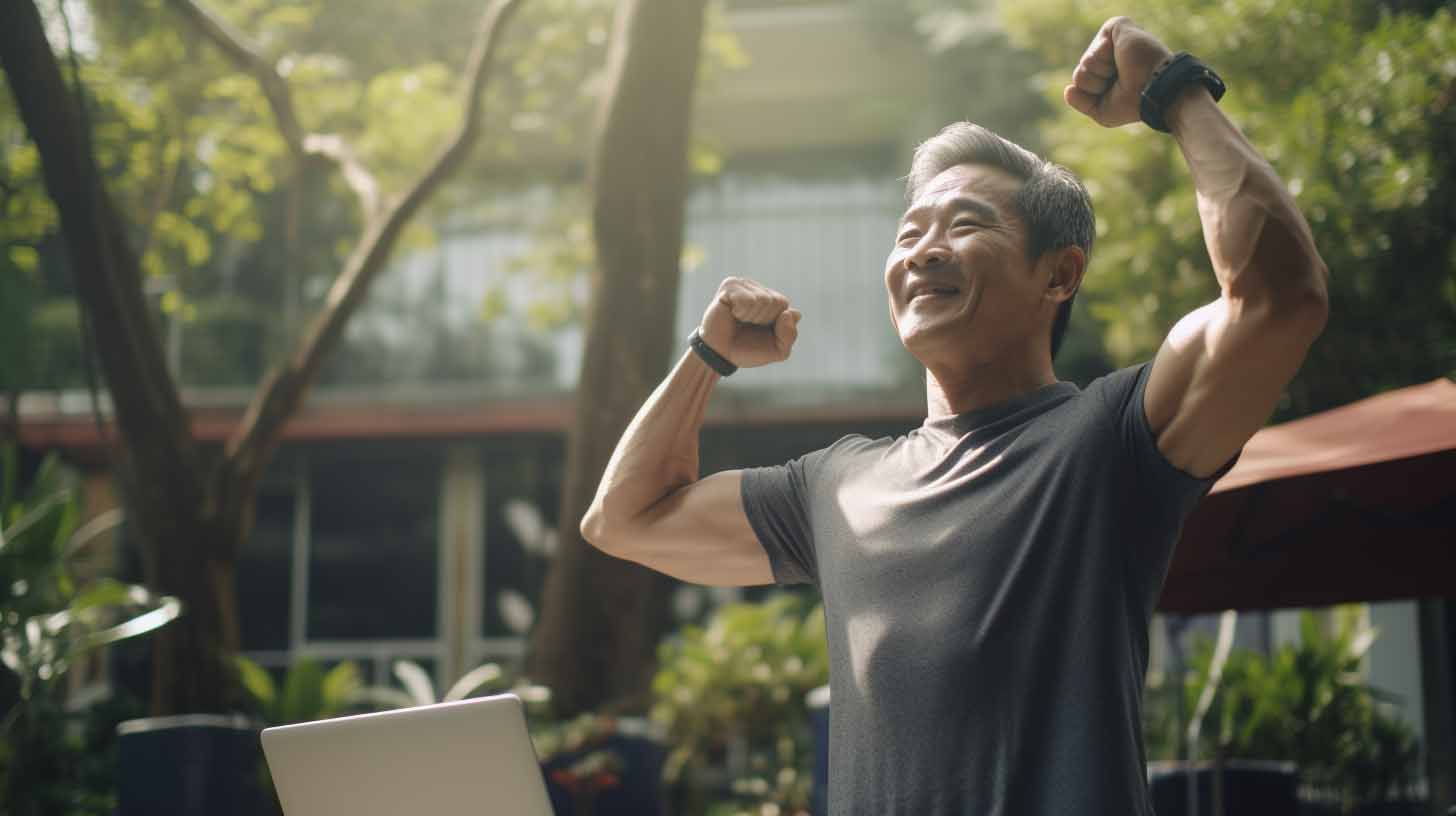 Fit Asian man smiling and flexing his muscles.