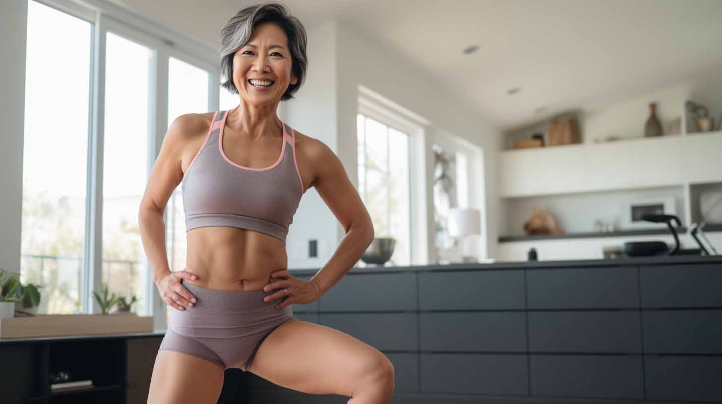 Smiling Asian elderly woman performing hips exercises.