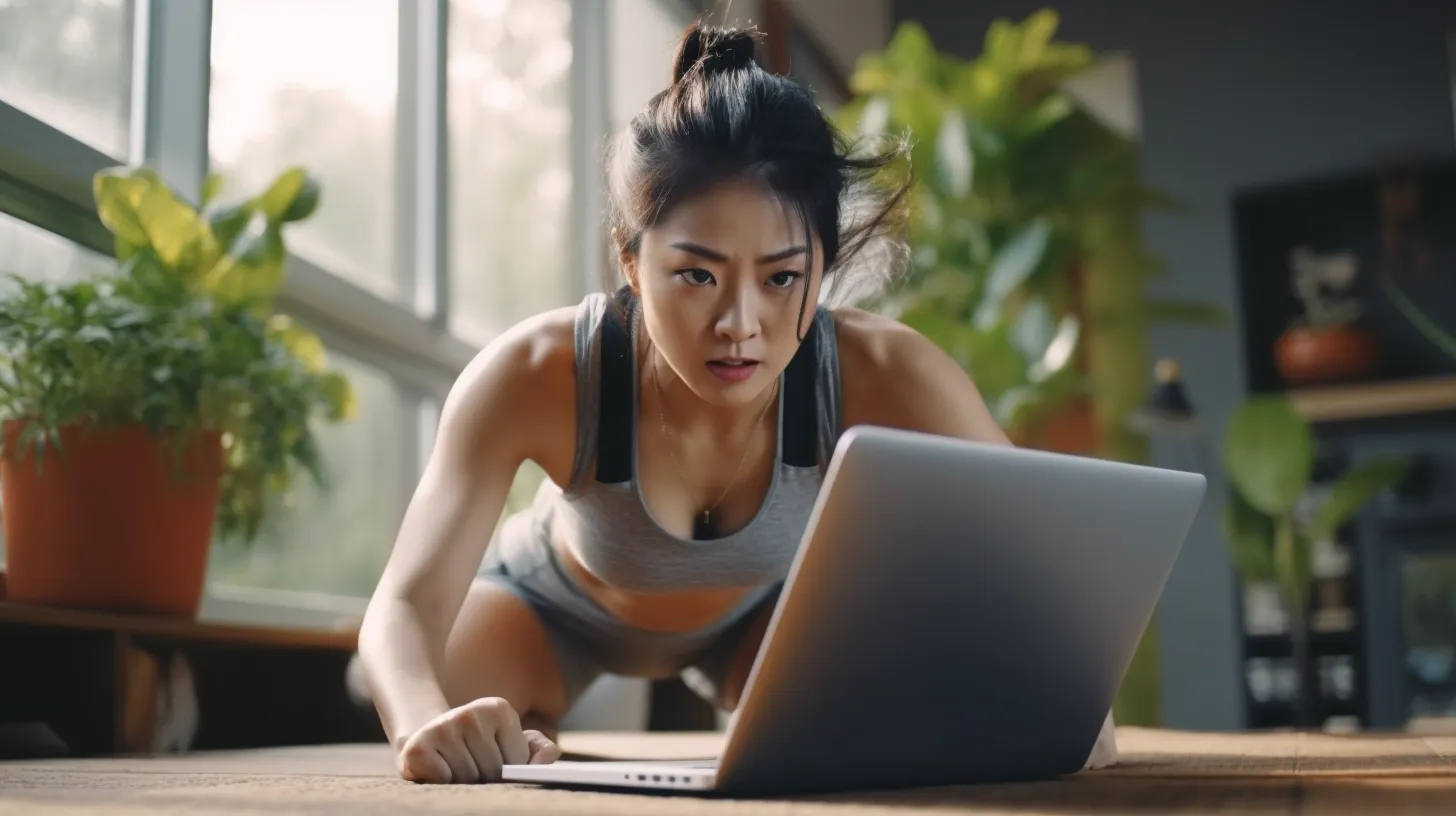 An asian girl performing a press workout as she watches from her laptop.