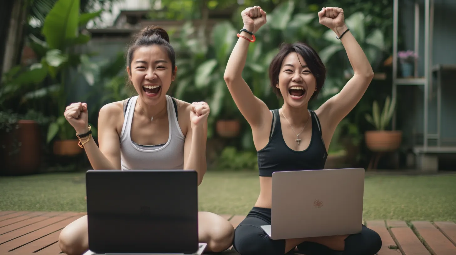 Two happy beautiful asian girls, watching workout routines on their laptops.