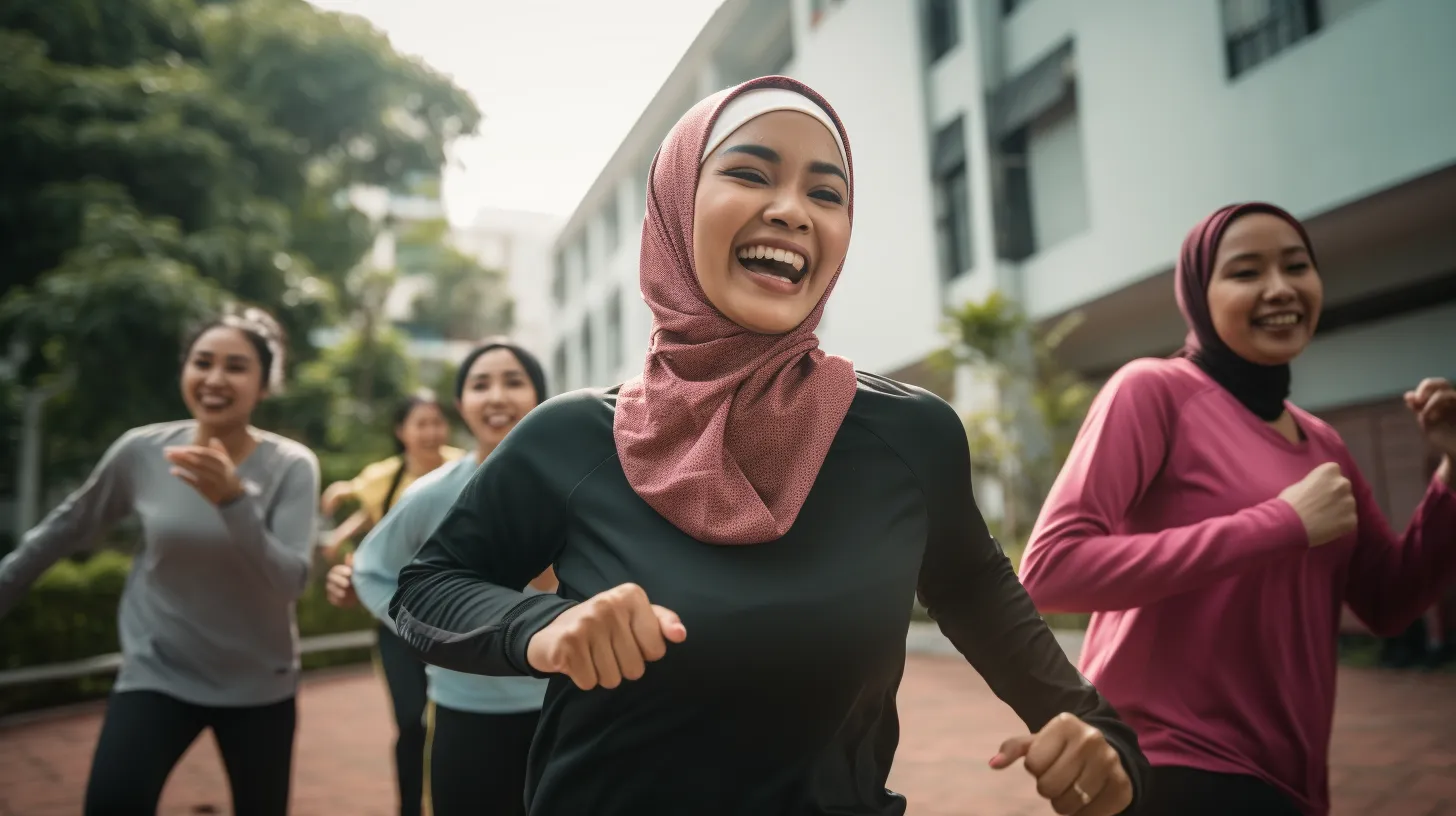 A group of muslim girls happily jogging in their hijabs.