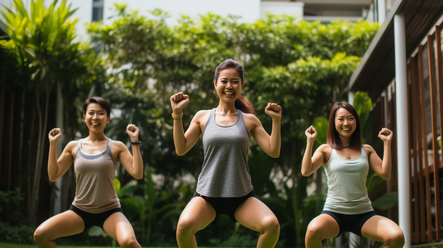A group of asian girls performing squat exercises