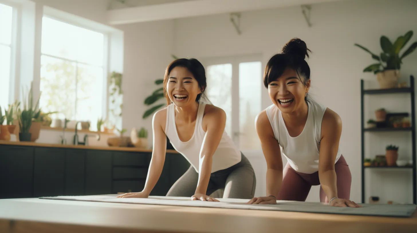 Two smiling asian girls doing exercise.