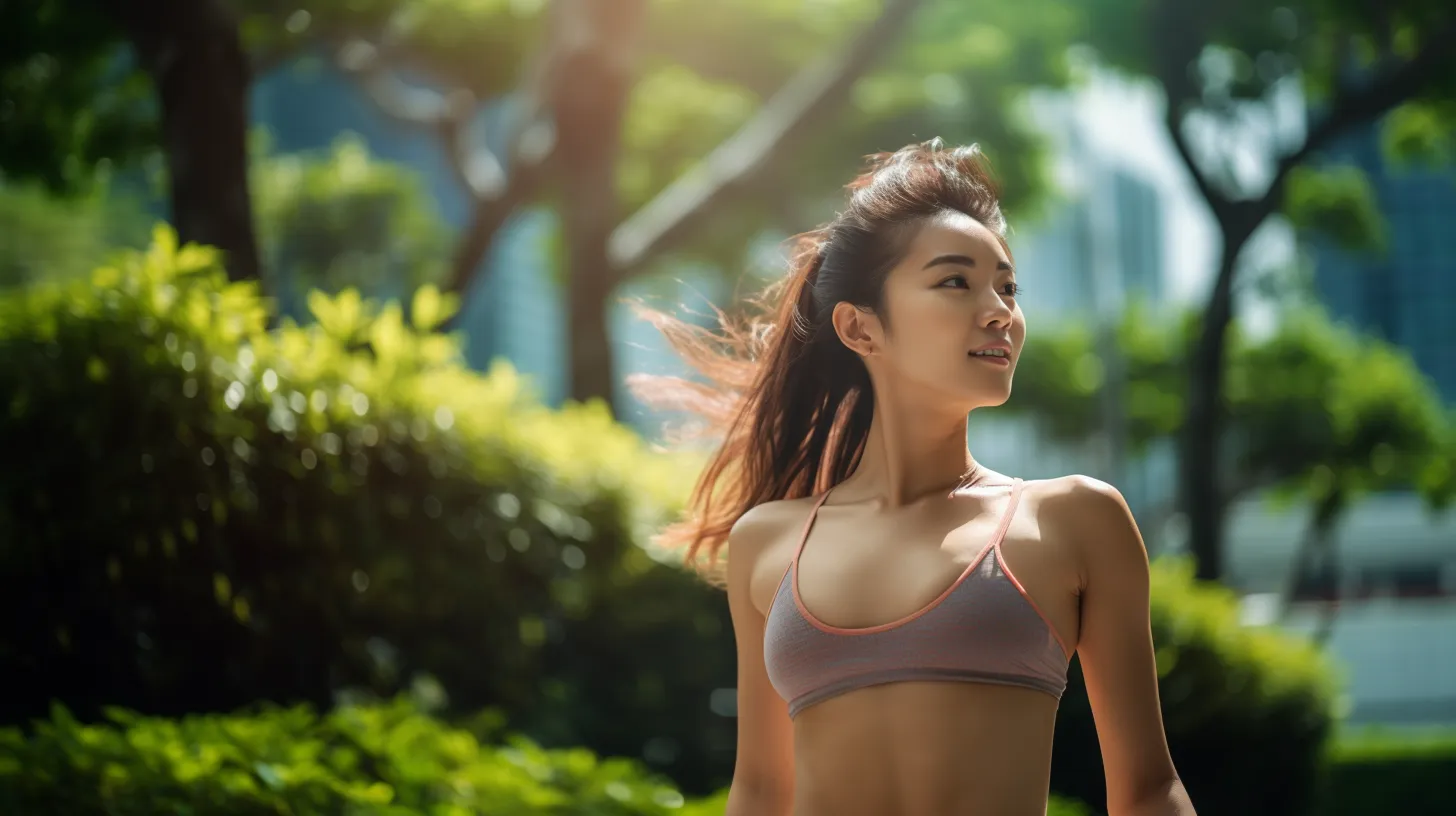 A beautiful asian girl in an outdoor stroll exercise, as her hair blows in the wind.