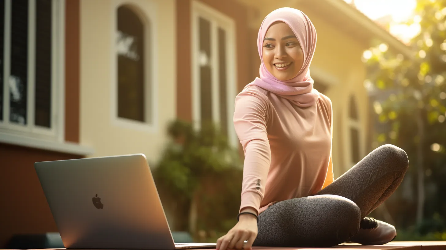A muslim girl wearing her hijab, and smiling as she watches workout routines from her apple laptop