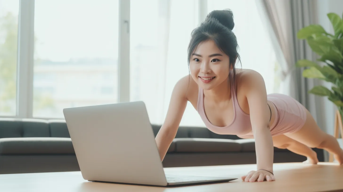 A smiling asian girl, performing press exercises as she watches from her PC.