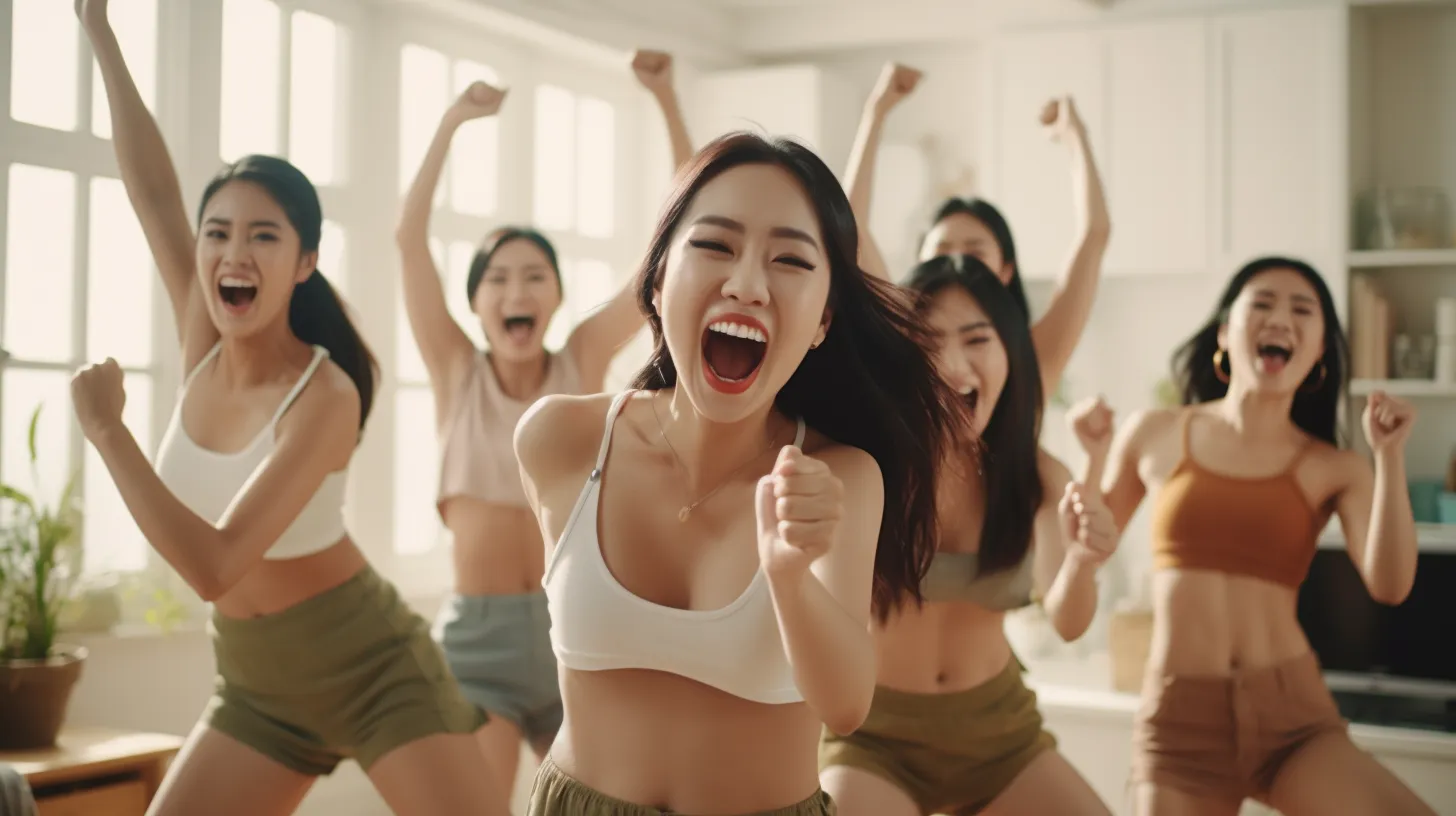 A group of happy asian girls jogging on the spot and having fun.