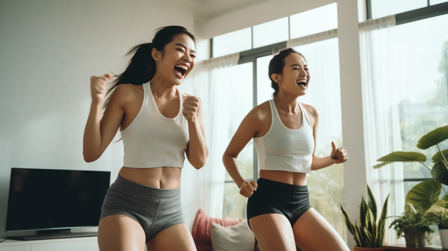 Two happy asian girls performing cardio exercises.