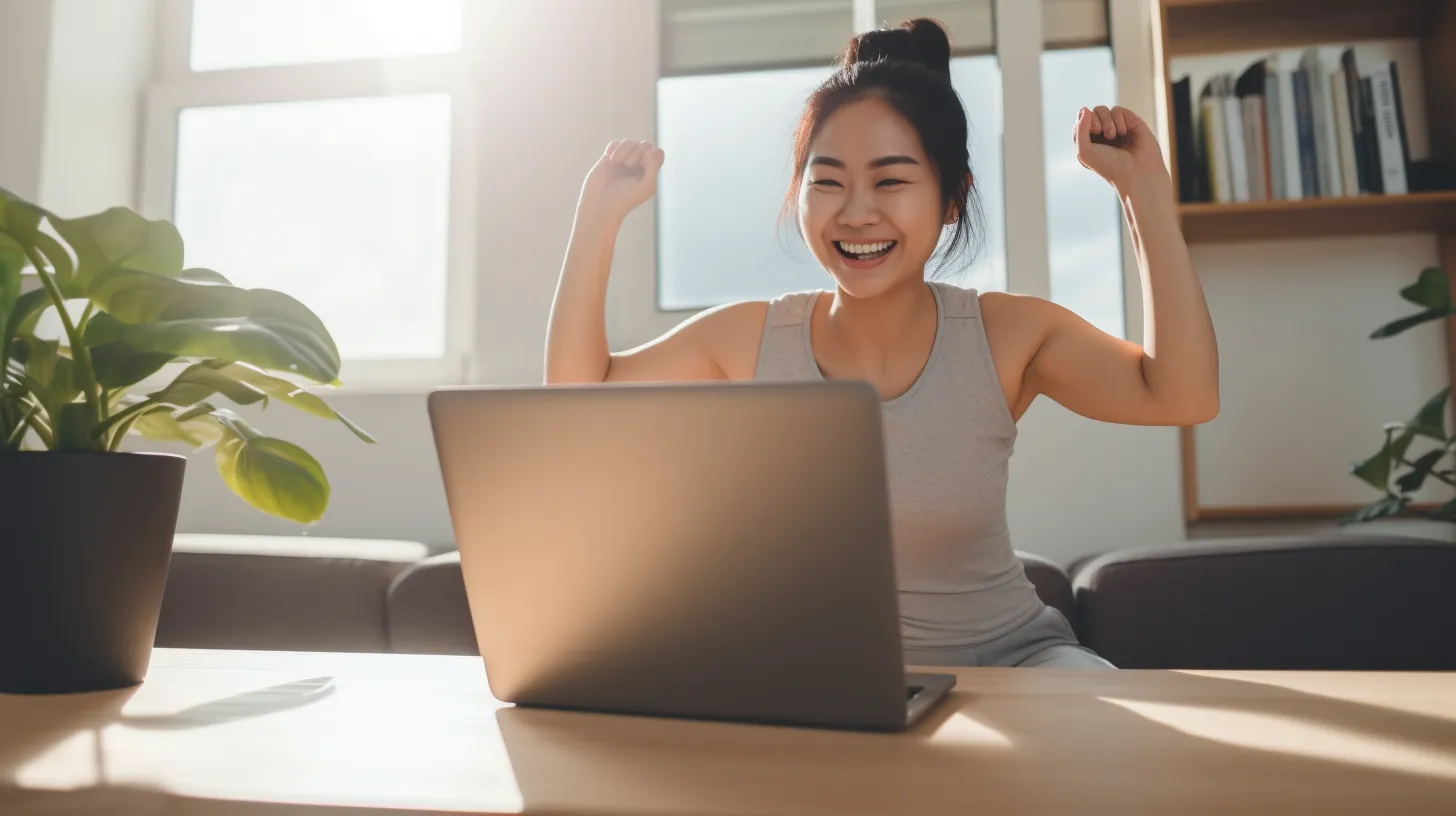 An asian girl smiling, and performing exercise routines she watches on her laptop.